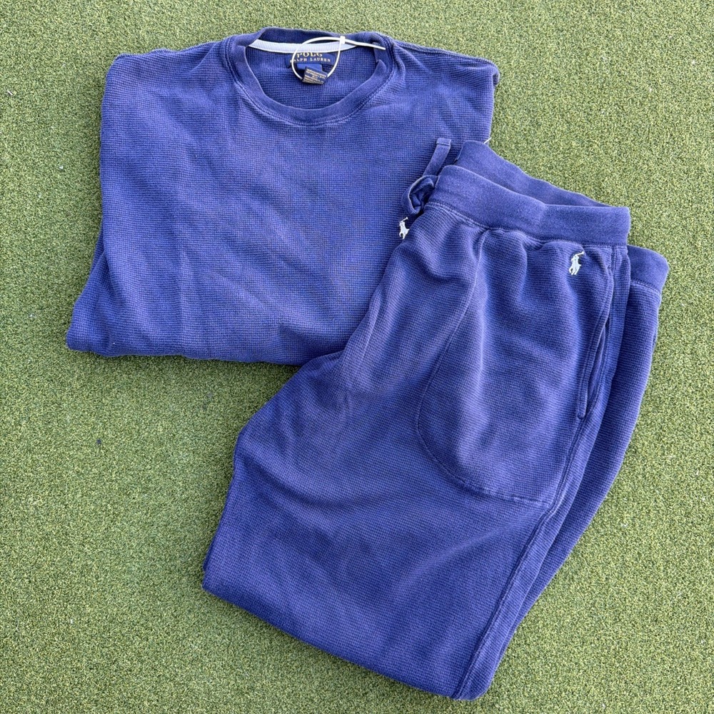 Polo Ralph Lauren Waffle Knit Lounge Set Mens L & XL Blue Cotton Thermal Pajama